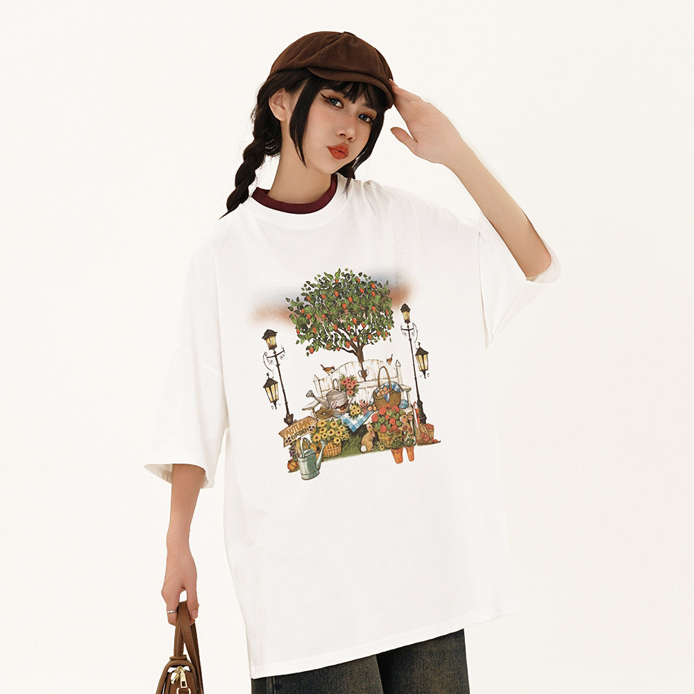 Vintage Style Grandma's Garden Landscape Oil Painting Short Sleeve T-Shirt