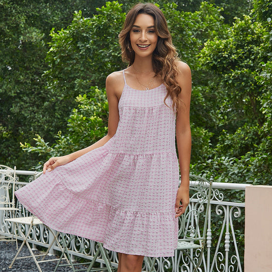 Pink Gingham Fashion Women's Wear Dress Printed Suspenders