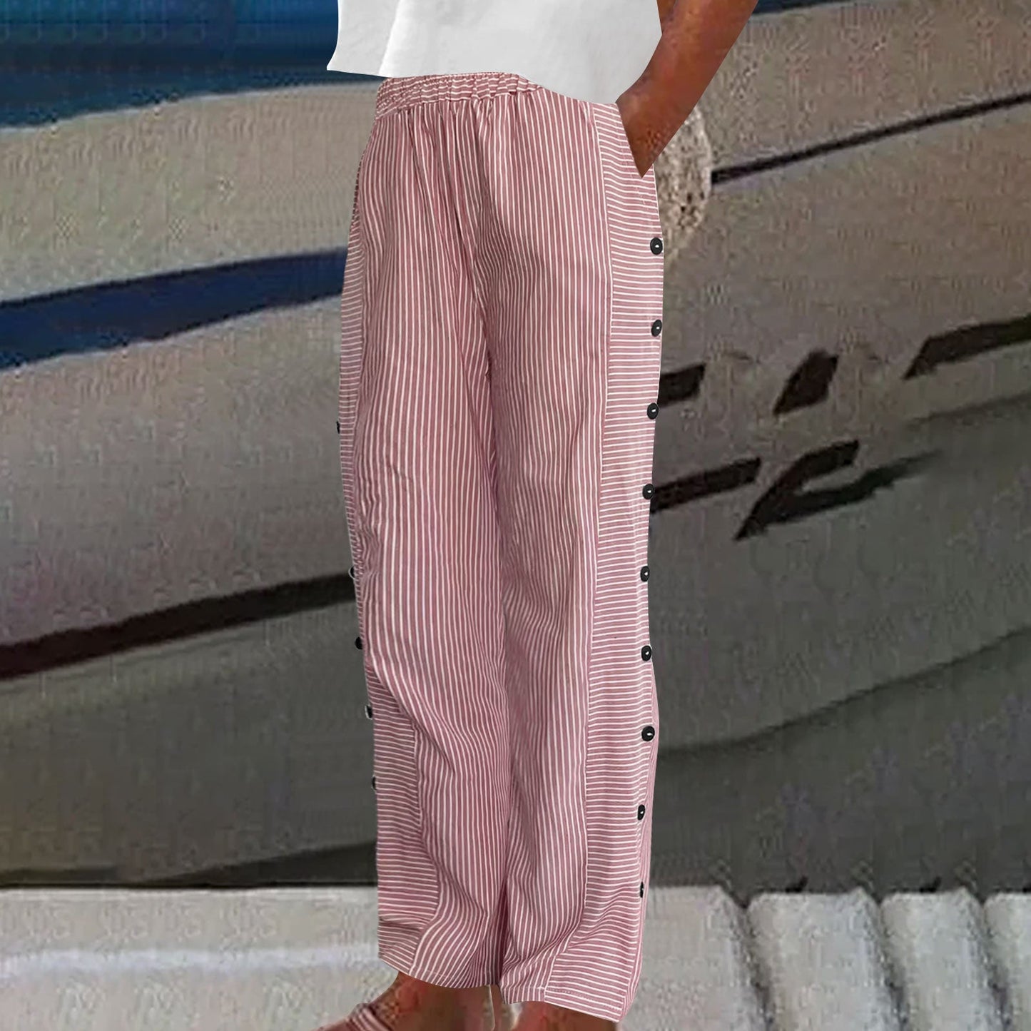 Striped Button-Accent Pants