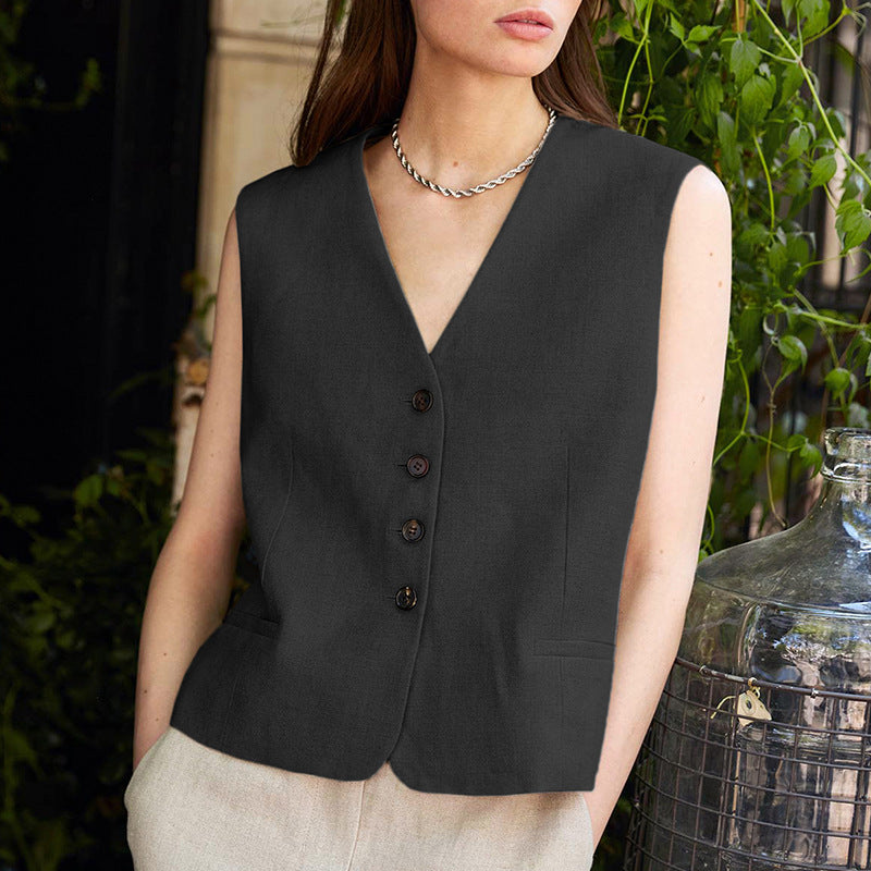 Fashionable Sleeveless Top Single-breasted Contrast Color Women's Vest