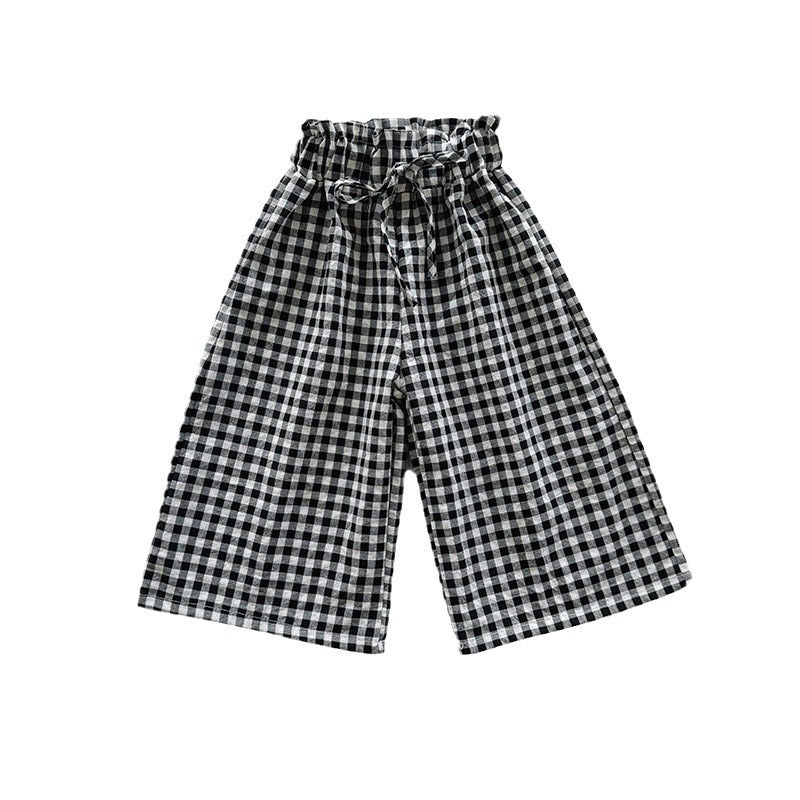 Straight Plaid Wide Leg Cropped Pants Bud Shaped Waist