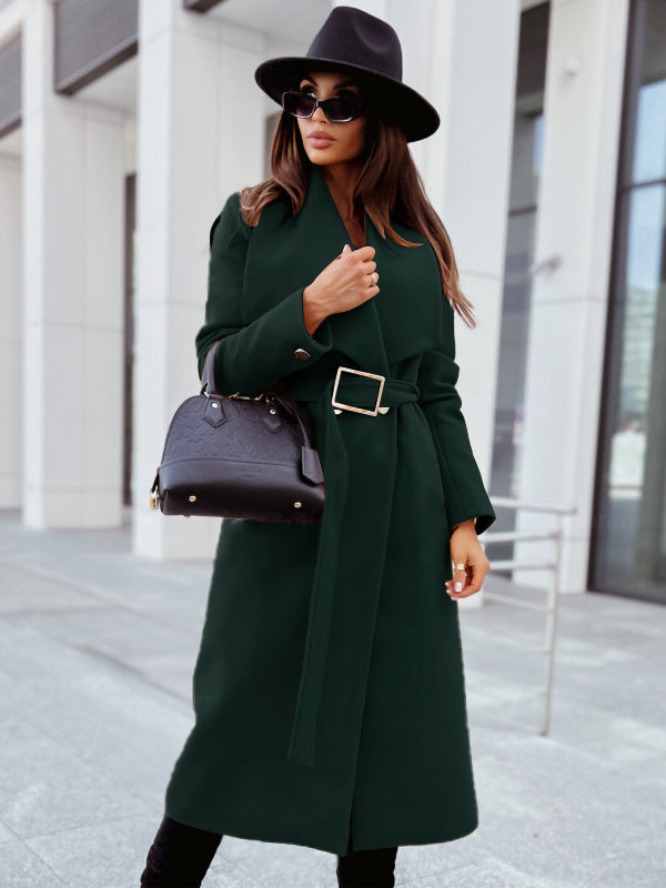 Women's Long-Sleeved Buttoned V-neck Woolen Coat