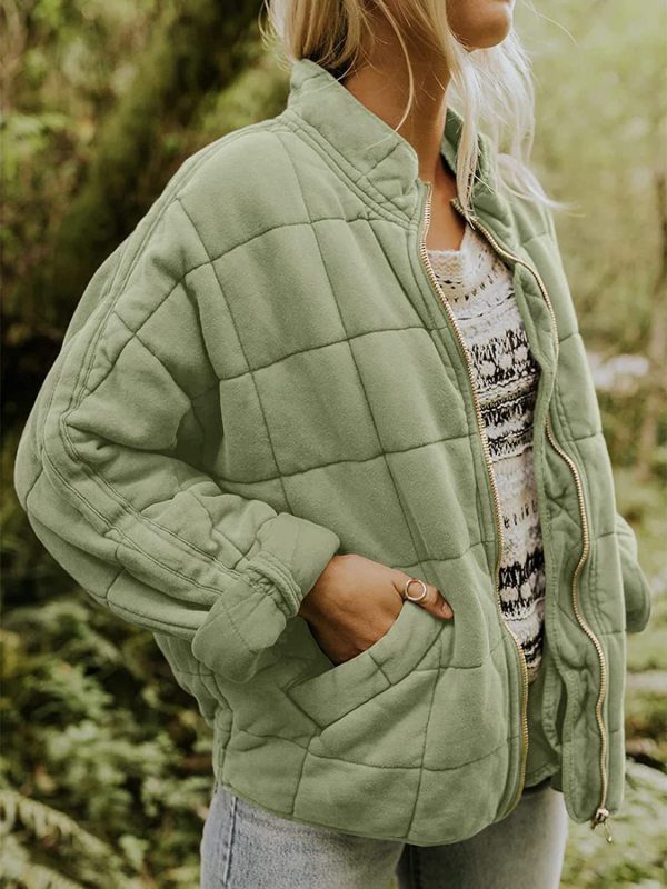 Solid Color Quilted Cotton Jacket with Loose Pockets and Long Sleeves