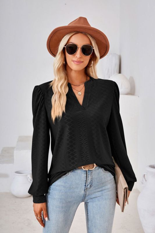 V Neck Jacquard Long Sleeve Loose T-Shirt Top Ladies