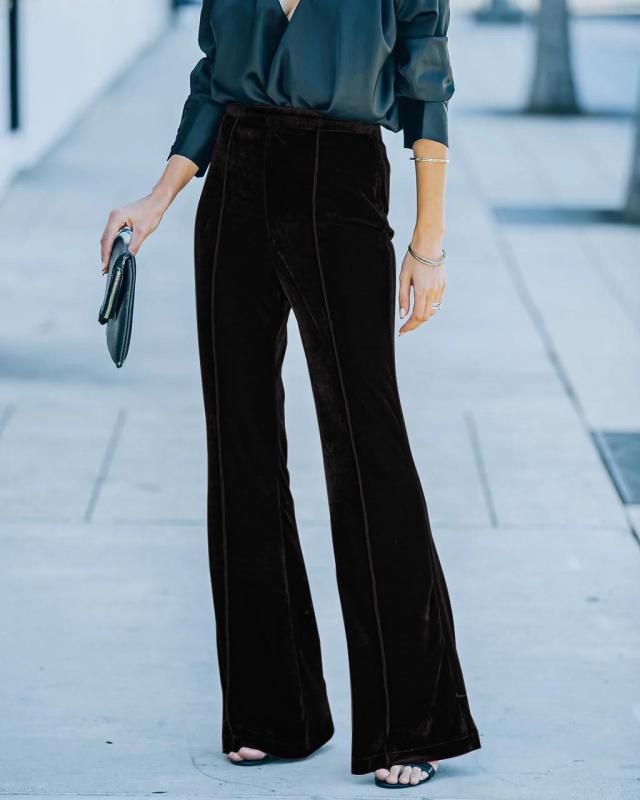 Women's Velvet High Waist Slightly Flared Wide Leg Pants