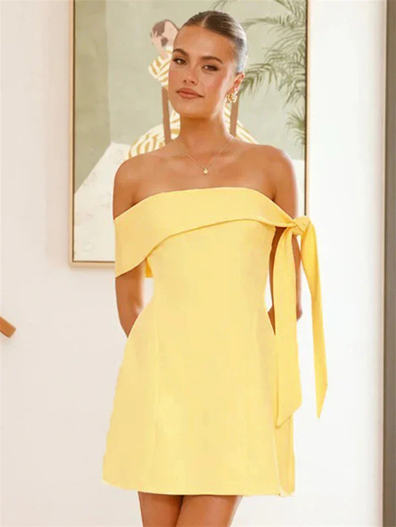 Off-shoulder Tie Up Solid Mini Dress