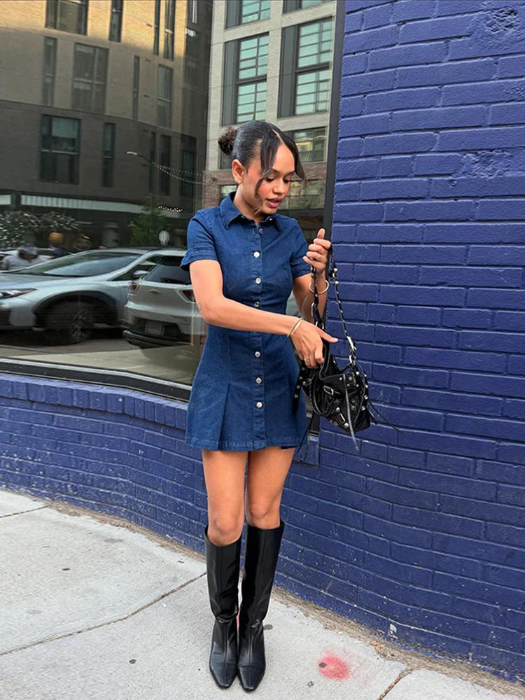 Short-sleeved Denim Buttoned Mini Dress