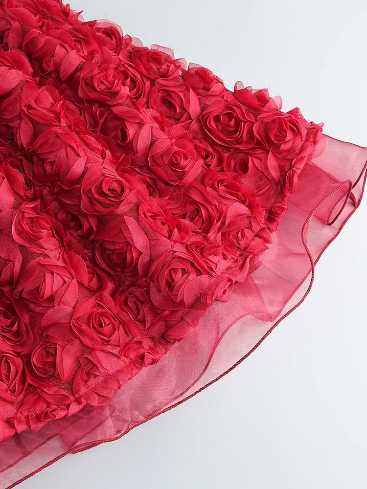 Red Mesh 3d Floral Frill Beaded Strapless Mini Dress