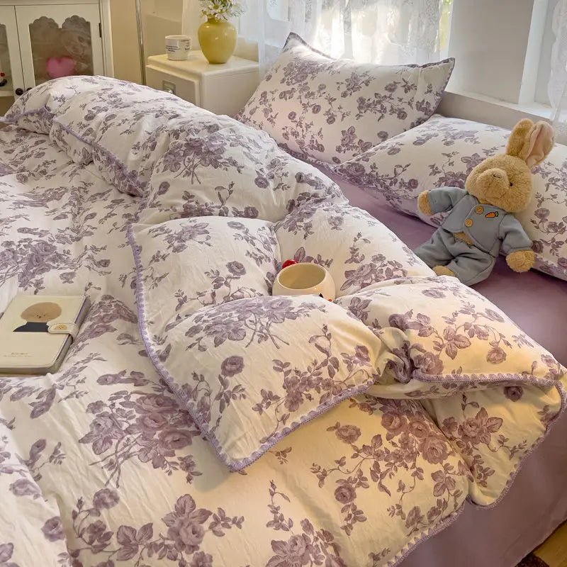 Ins Bedding Set Purple Love Stripe Double Layer Yarn Four Piece Dormitory Girl Heart Bed Sheet And Quilt Set Washed Cotton