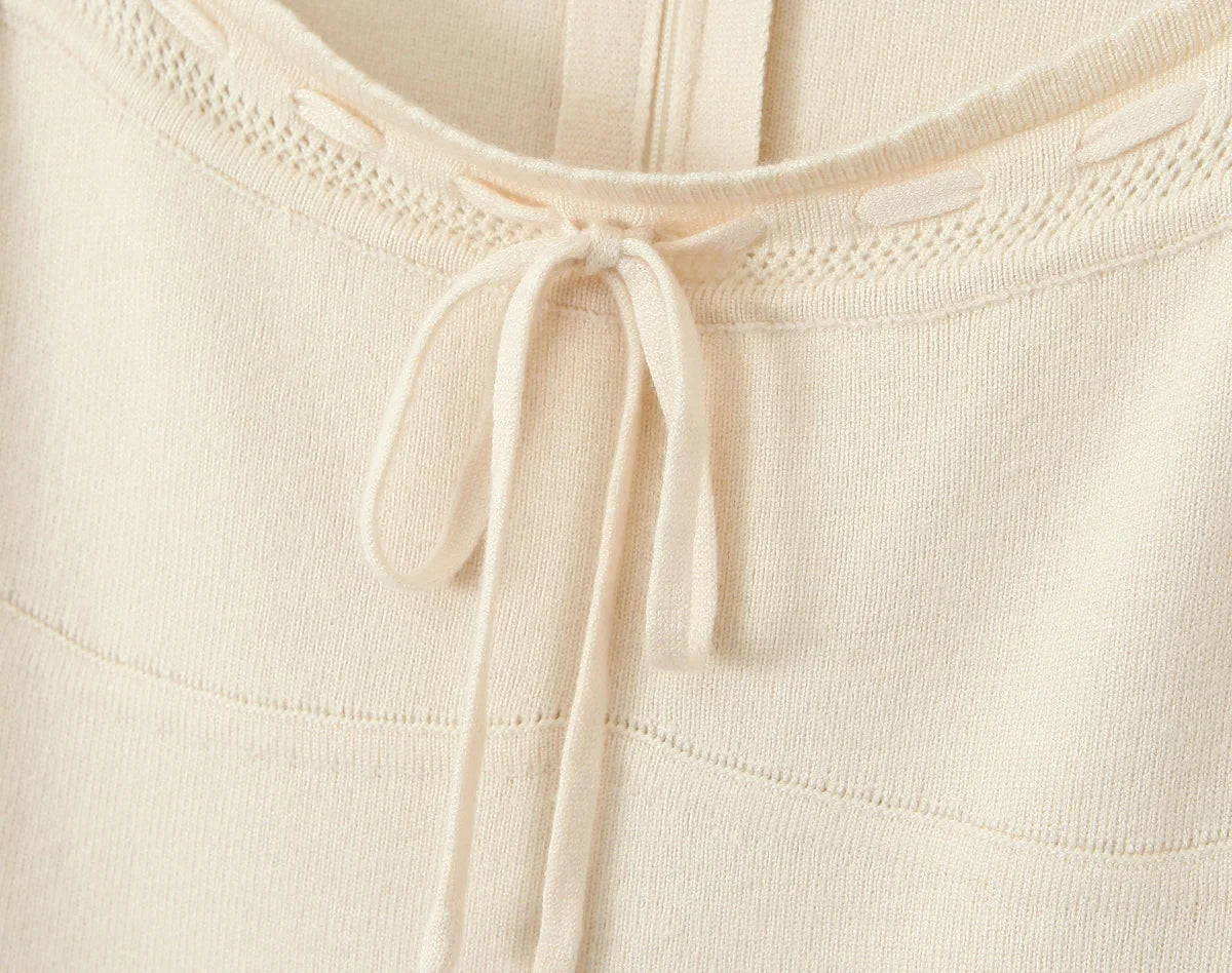 Ribbed Square Neck Long Sleeve Ribbion Mini Dress