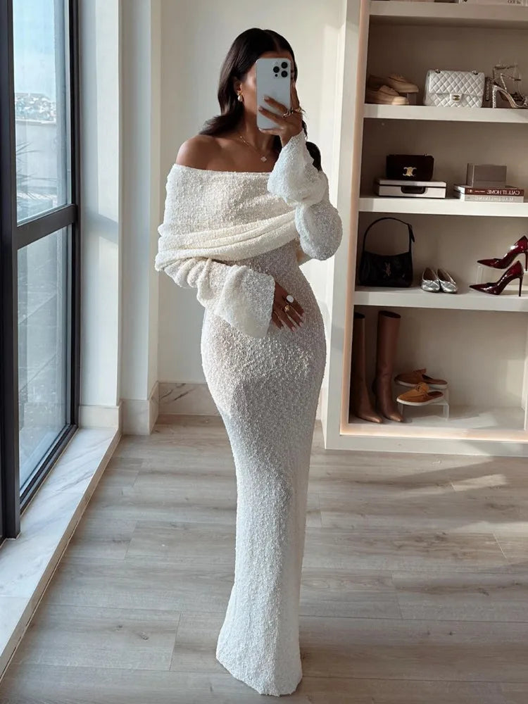 Knit Off-Shoulder Long Sleeve Maxi Dress