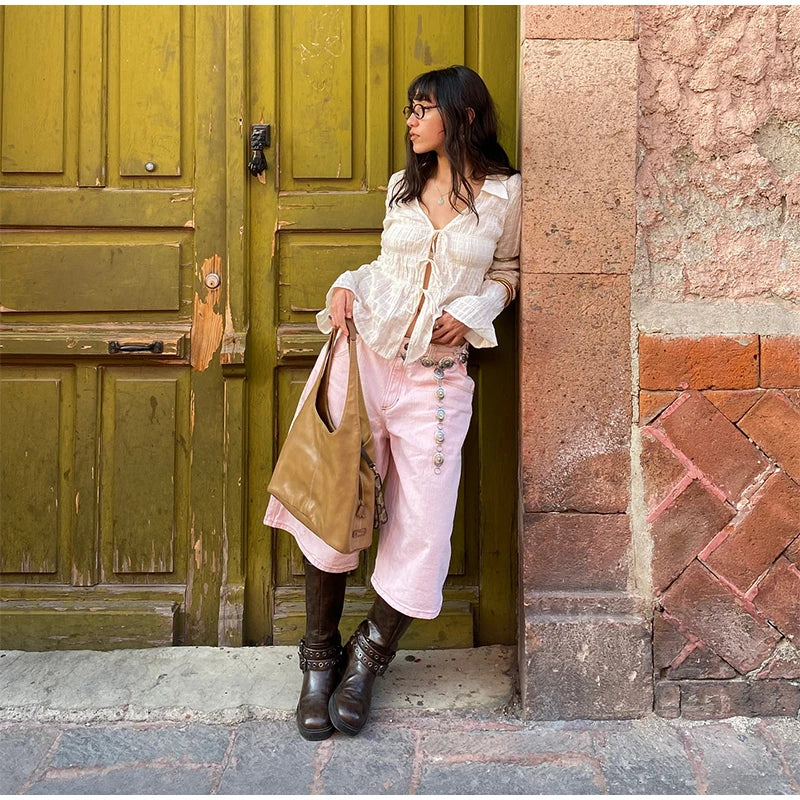 White Ruched Tie Up Long Sleeve Top