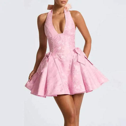 Pink Bow Jacquard A-line Halter Mini Dress