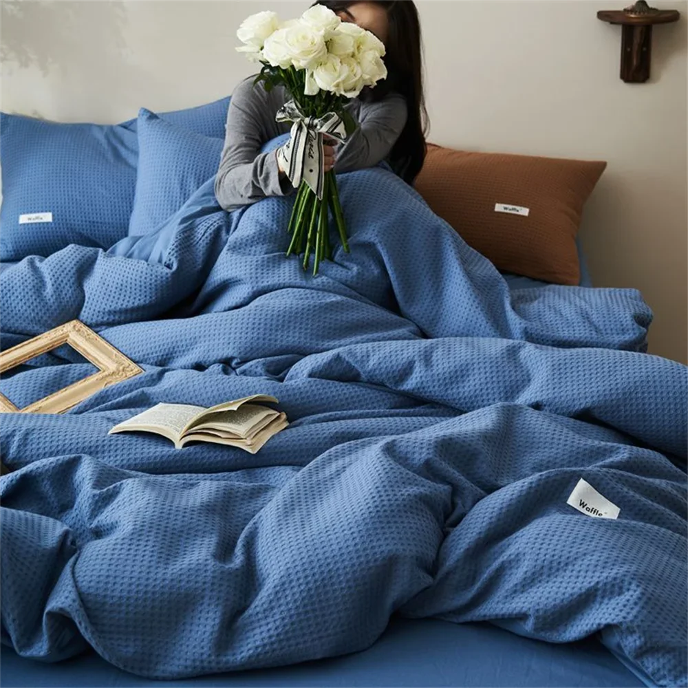 Ins Style Solid Color Waffle Cotton Duvet Cover Set Bed Sheet Four Piece Set High Beauty Quilt Sheet Bed Sheet Bedding Set
