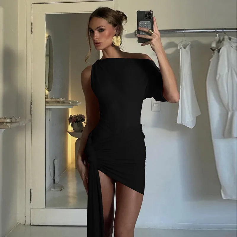 One Shoulder Drape Mini Dress