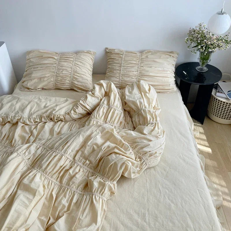 Girls Pleat Cotton Bedding Set Solid Bed Linen King Queen Double Size Duvet Cover Sets