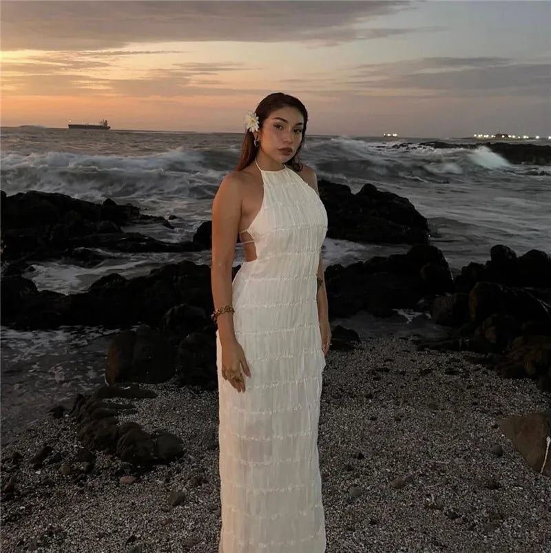 Halter Textured Open Back Maxi Dress