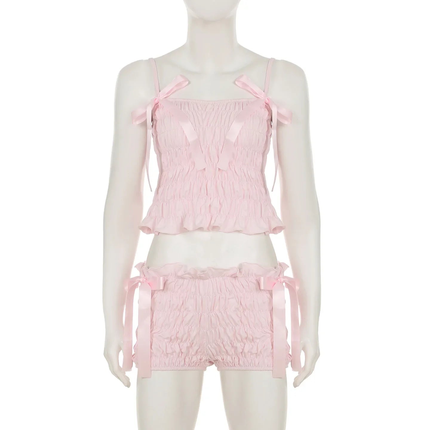 Pink Bowknot Ruched Strap Top And Shorts Set