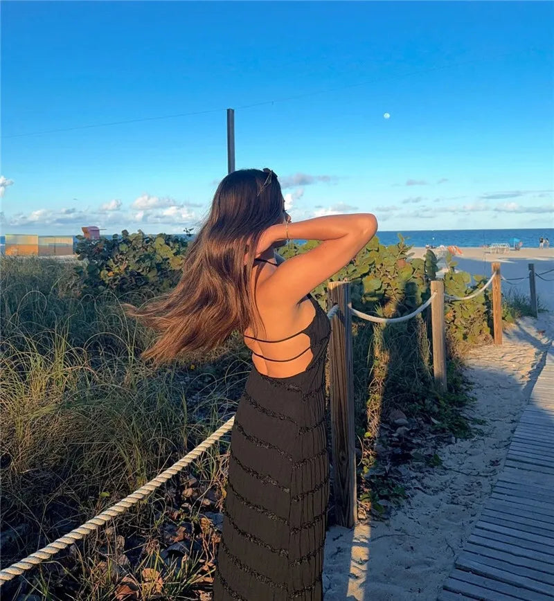 Halter Textured Open Back Maxi Dress