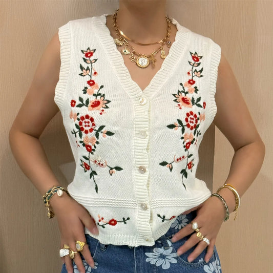 Knit V-Neck Floral Embroidery Vest