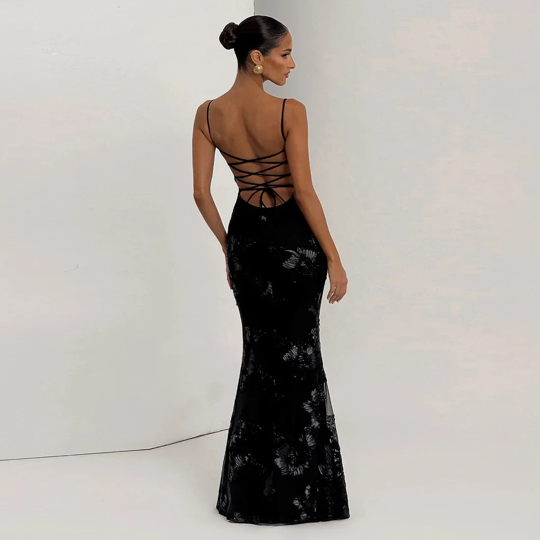 Open Back Lace Up Embroidred Flower Maxi Dress