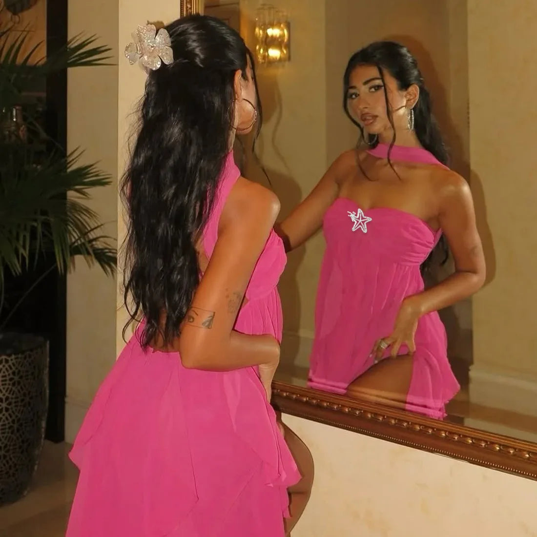 Frill Halter Around Neck Strapless Mini Dress