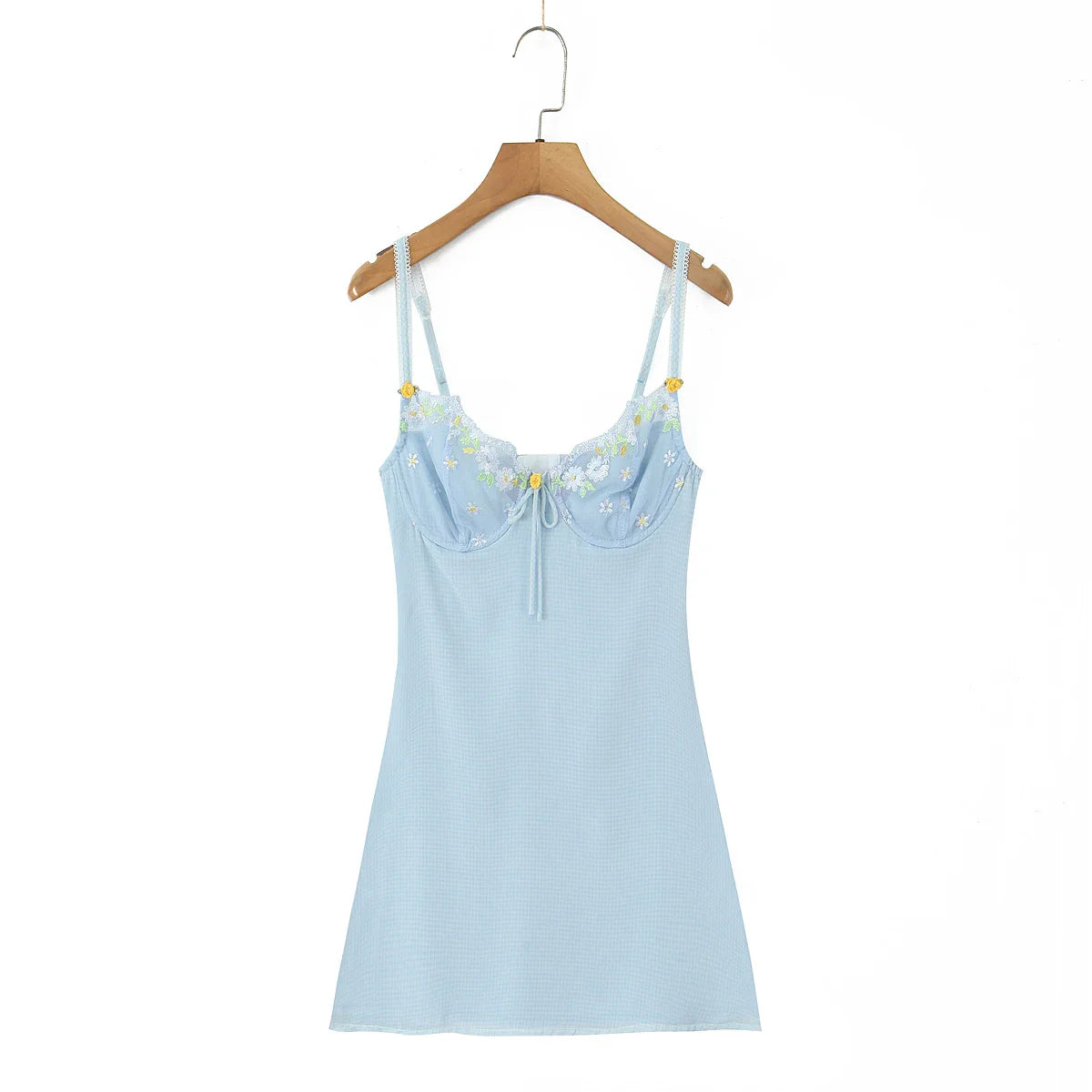 Blue Plaid Wire Bra Embroidery Mini Dress