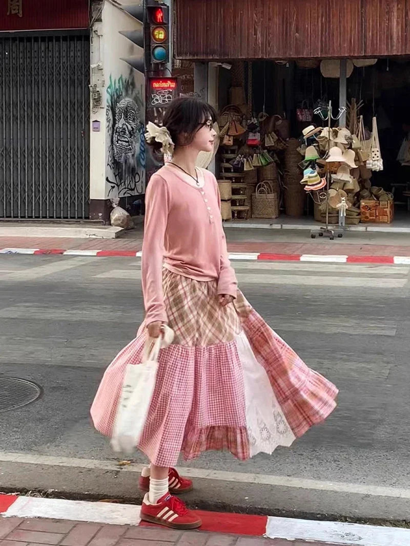 Plaid Patchwork Midi Skirt - Streetwear A-Line