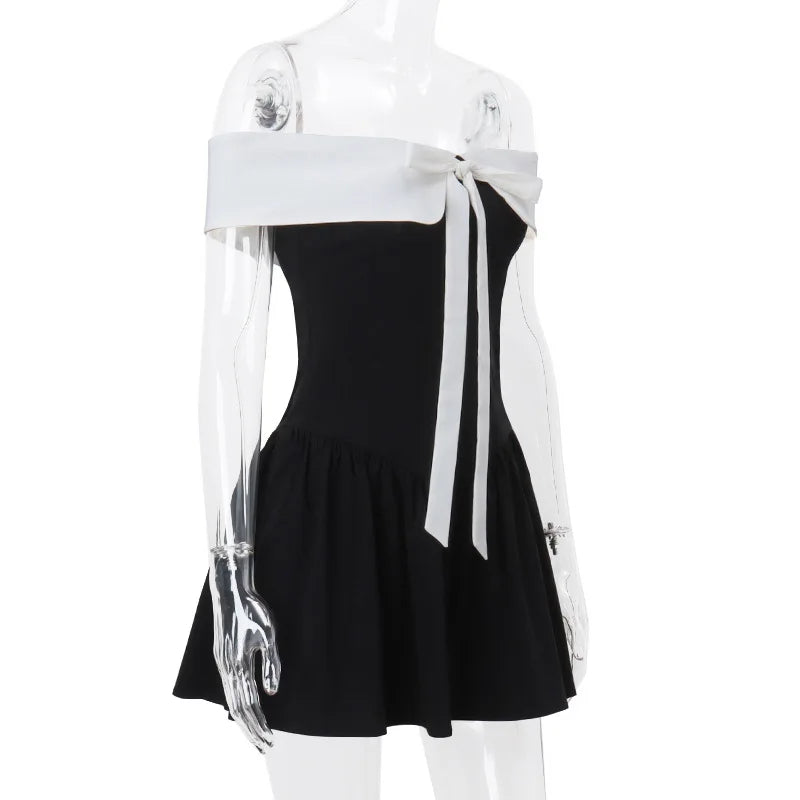 Bow Lace-up Black Off Shoulder Mini Dress