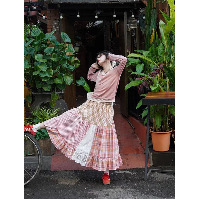 Plaid Patchwork Midi Skirt - Streetwear A-Line