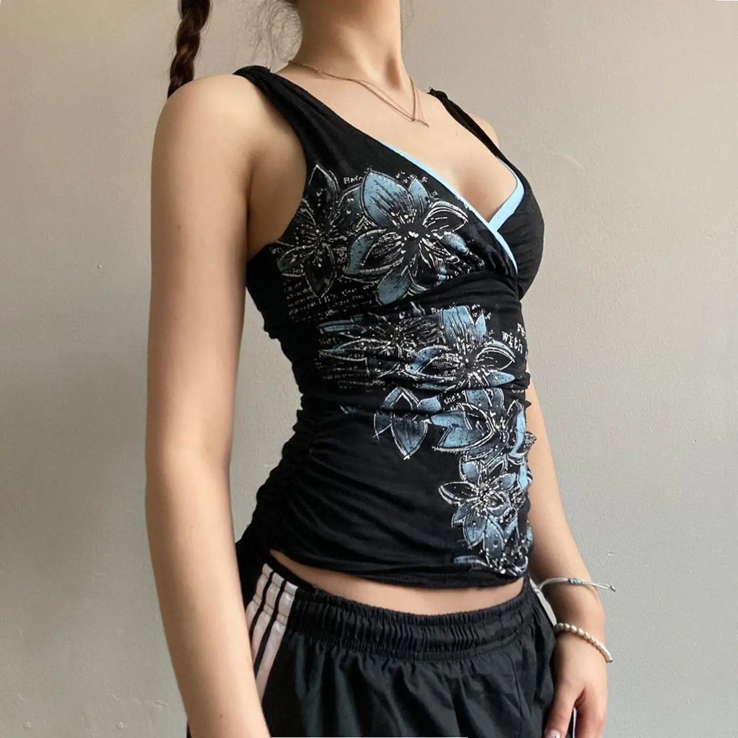 Black V-neck Printed Top