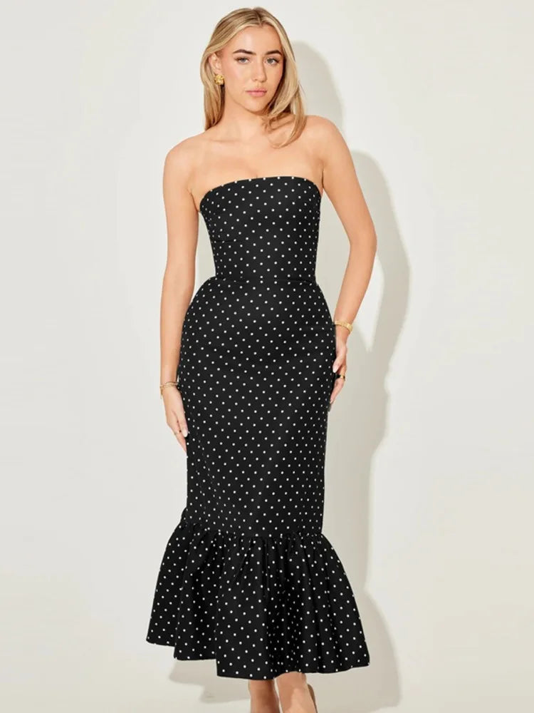 Polka Dot Strapless Tiered Hem Midi Dress