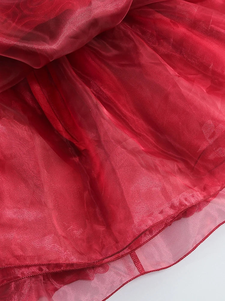 Red Mesh 3d Floral Frill Beaded Strapless Mini Dress