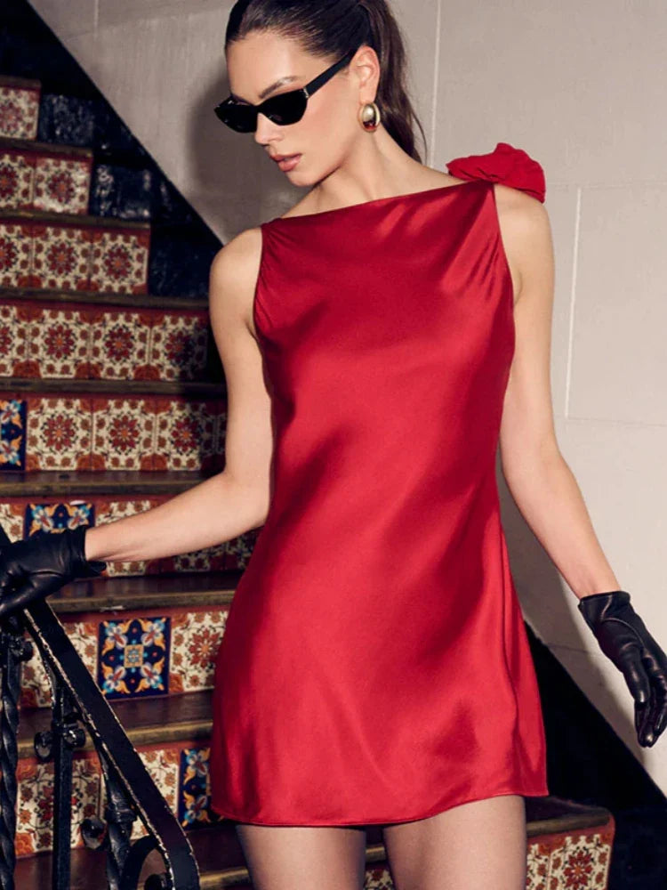 Flower Strap Backless Satin Mini Dress