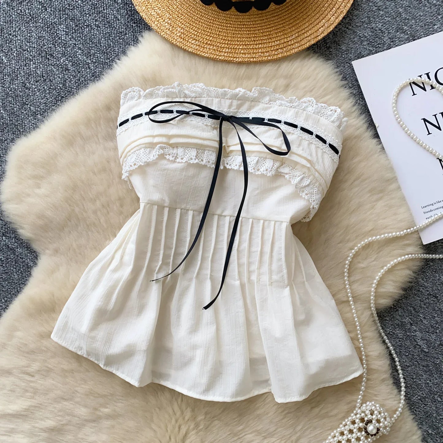 Lace Up Elastic Ruched Tube Top