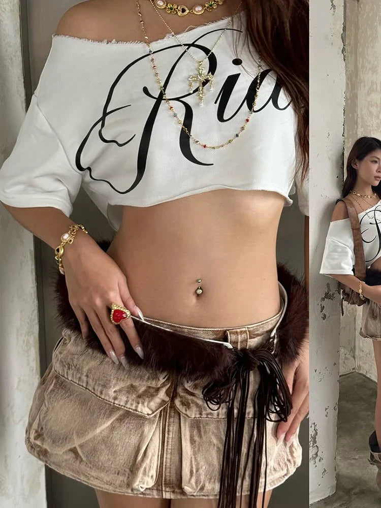 White Off-shoulder Loose Cropped Rider Top