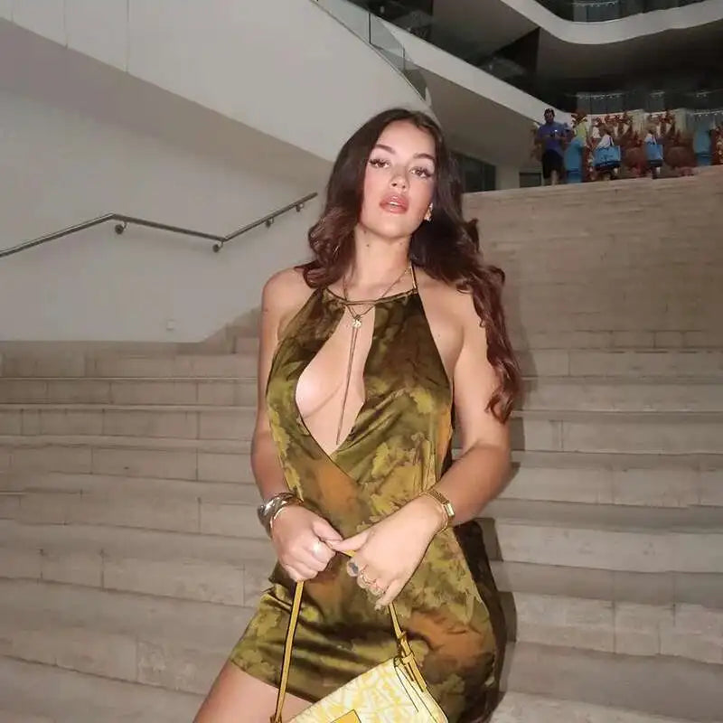 Green Printed Open Back Halter Mini Dress