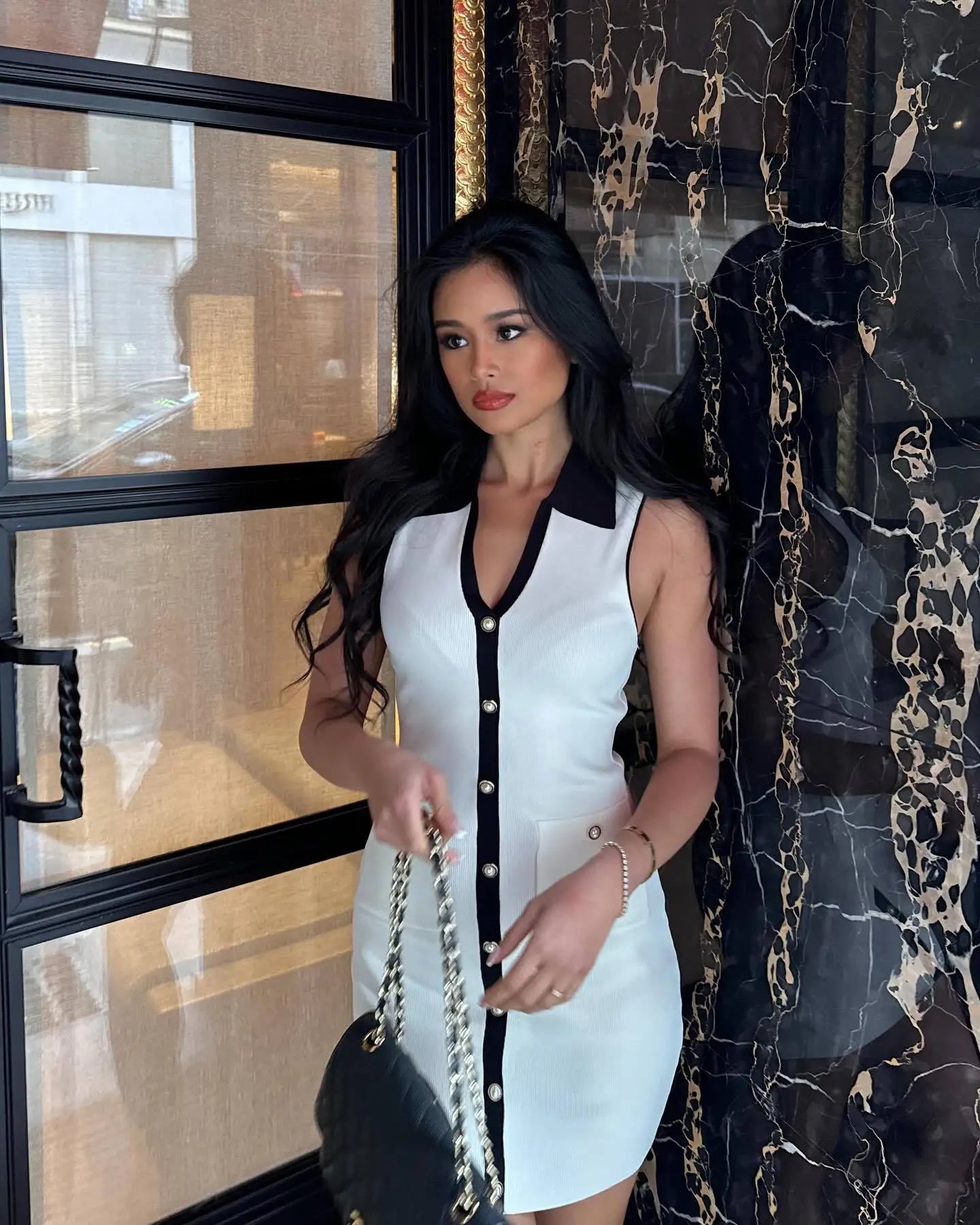 White Contrast Buttoned Collar Mini Dress