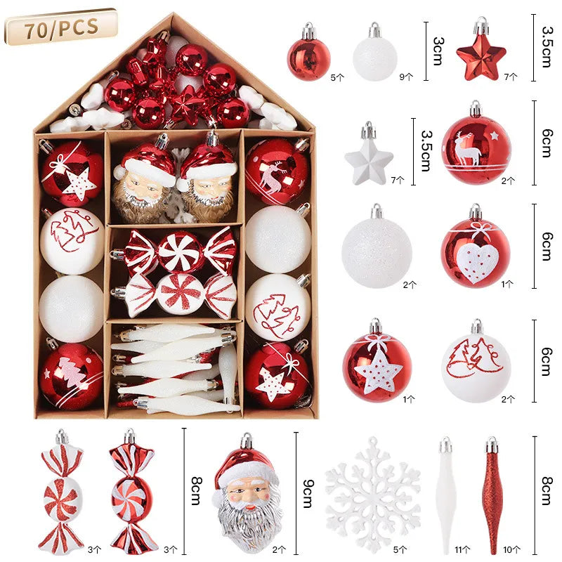 70Pcs/box Christmas Tree Ball Ornaments Snowflake Snowman Star Hanging Pendants Noel Navidad Home Decoration  New Year Gift