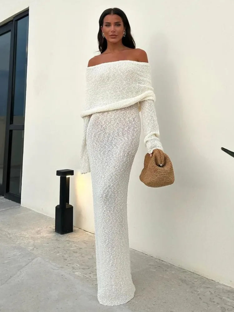 Knit Off-Shoulder Long Sleeve Maxi Dress
