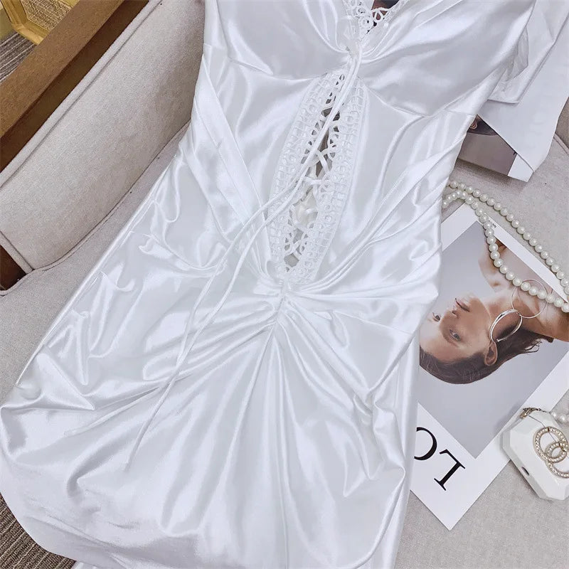 White Lace Up Satin Tie Up Maxi Dress