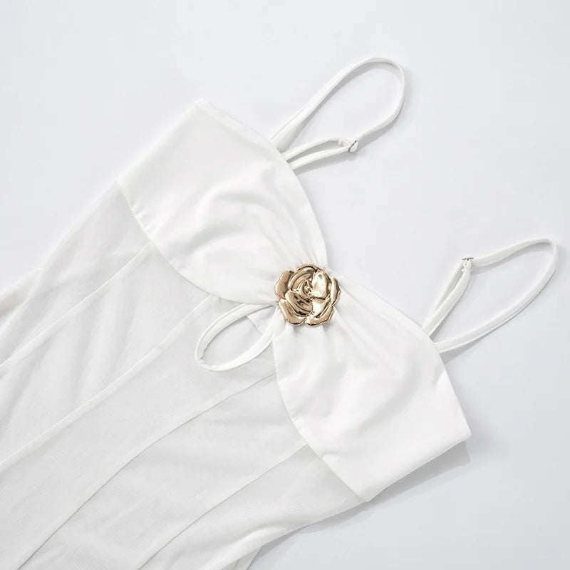 Sheer Gold Flower Strap Midi Dress