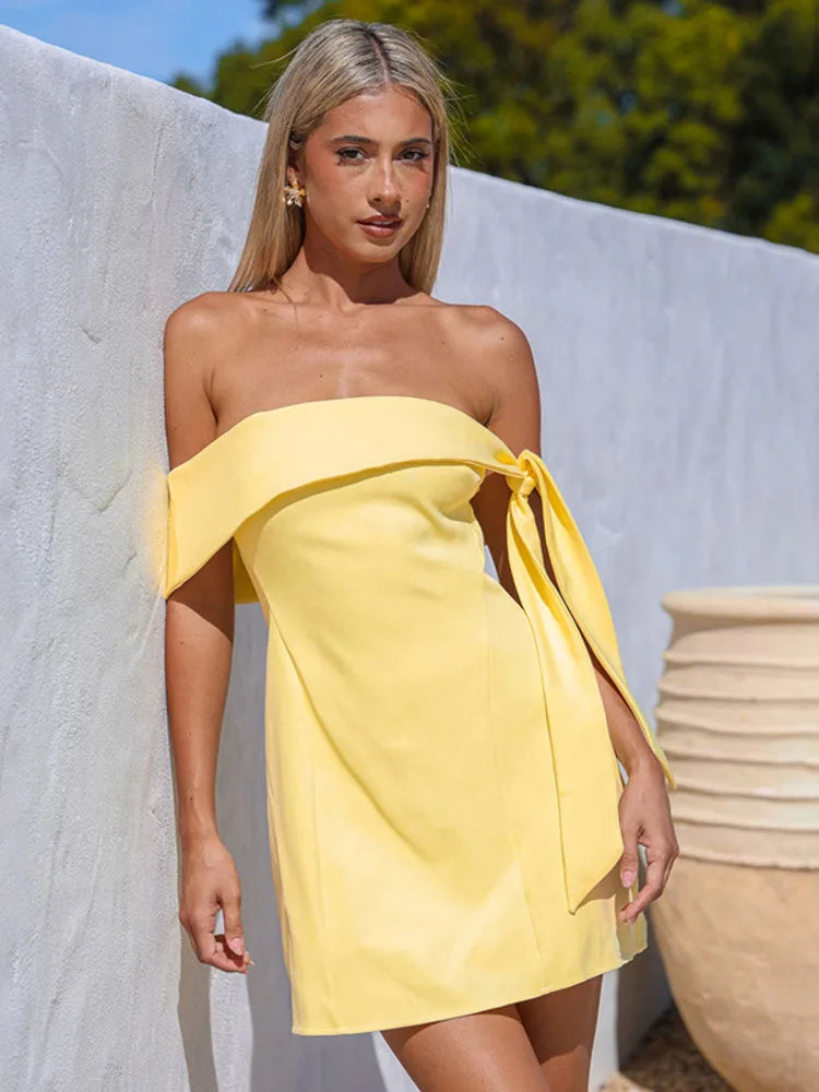 Off-shoulder Tie Up Solid Mini Dress