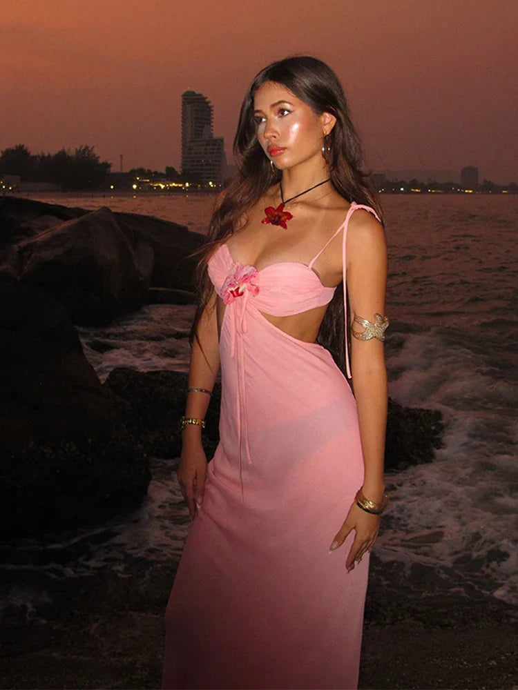 Pink 3d Floral Cut Out Tie Up Maxi Dress