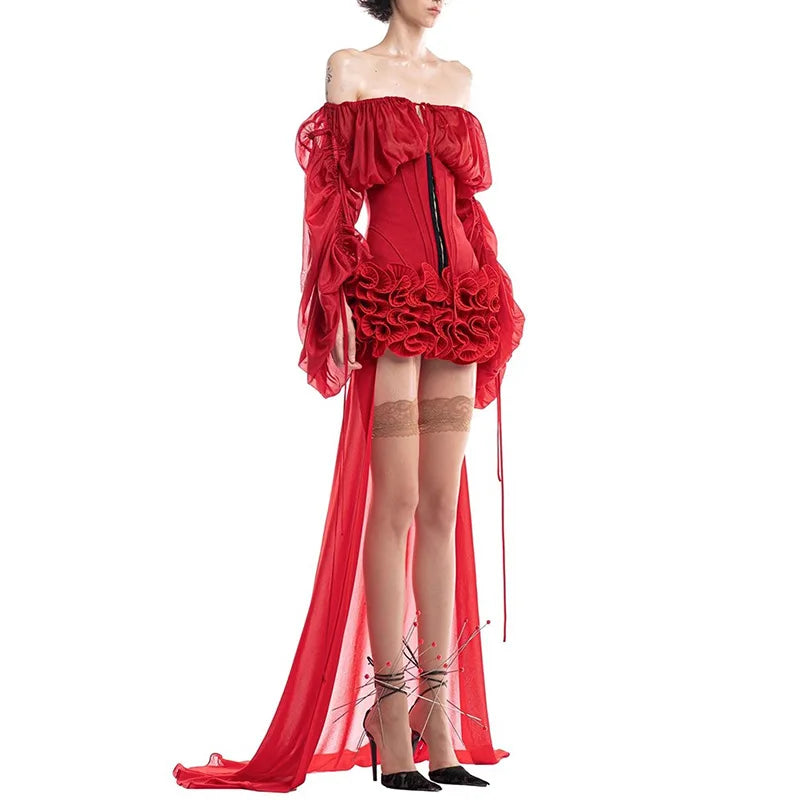 Off-Shoulder Long Sleeve Ruffles Mini Dress