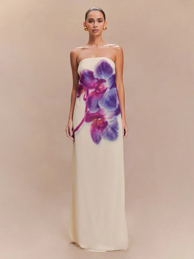 Orchid Floral Print Strapless Straight Maxi Dress
