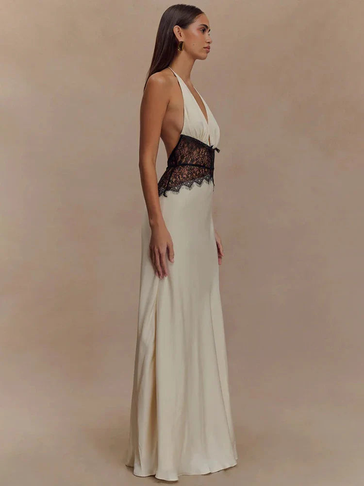 Lace Patchwork Halter Satin Maxi Dress