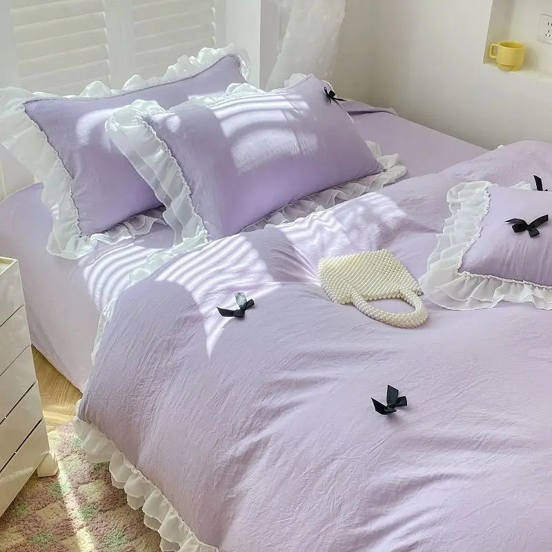 French Ins Princess Style Lace Four-piece Set Washed Cotton Embroidered Quilt Cover Set Bow Girly Heart Bed Sheet Three-piece