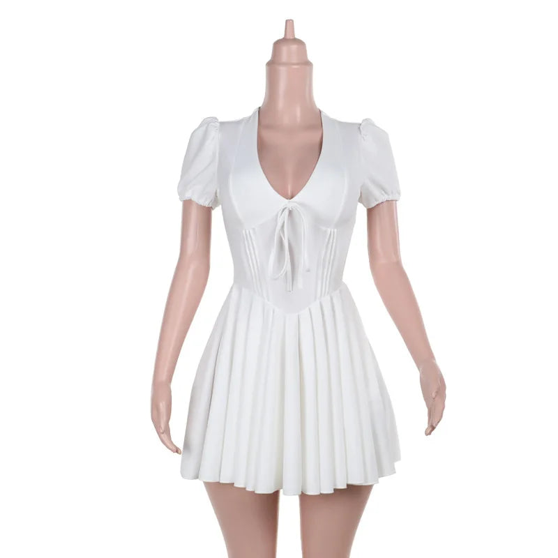 White V-neck Puff Sleeve Corset Mini Dress
