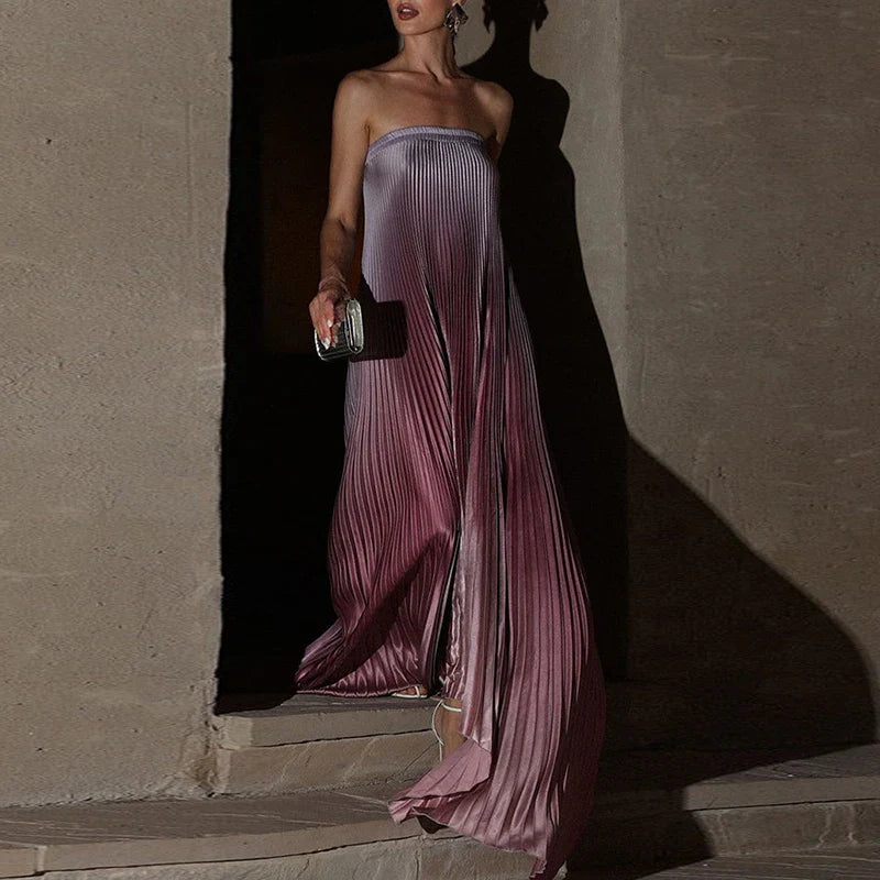 Pink Sleeveless Gradient Pleated Long Dress